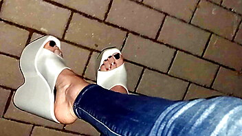 Jeans outdoor, stocking foot pov, night outdoors, tranny street, public heels feet