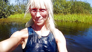 Blonde outdoor beauty, wetlook milf, short and pretty, blonde swimsuit, blonde bathing suit