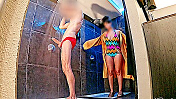 Stranger restroom, restroom handjob, dick flash shower, public shower restroom, exposing erection